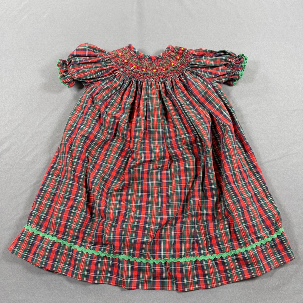Silly Goose 18M Red Green Plaid Hand Smocked Holiday Dress Ric Rac Trim
